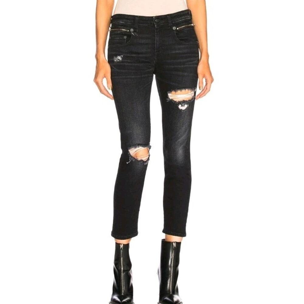 R13 Biker Boy Jeans Dark Moon Wash Black Sz 24 Midrise Made In Italy (V5